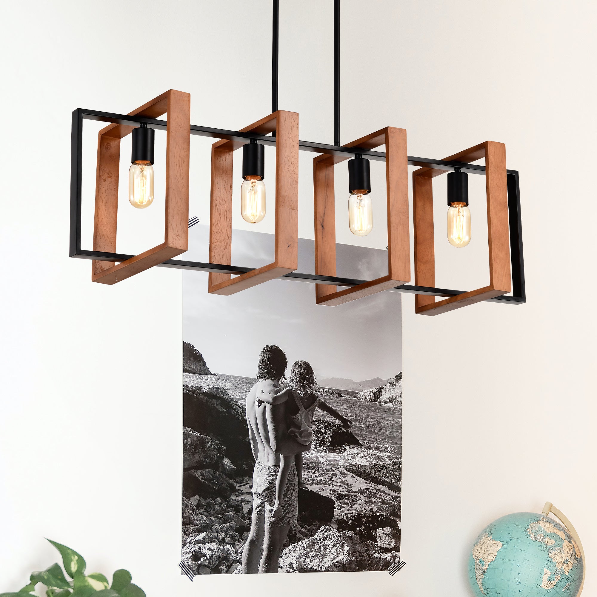 Rustic Wood And Black Metal Rectangular Chandelier