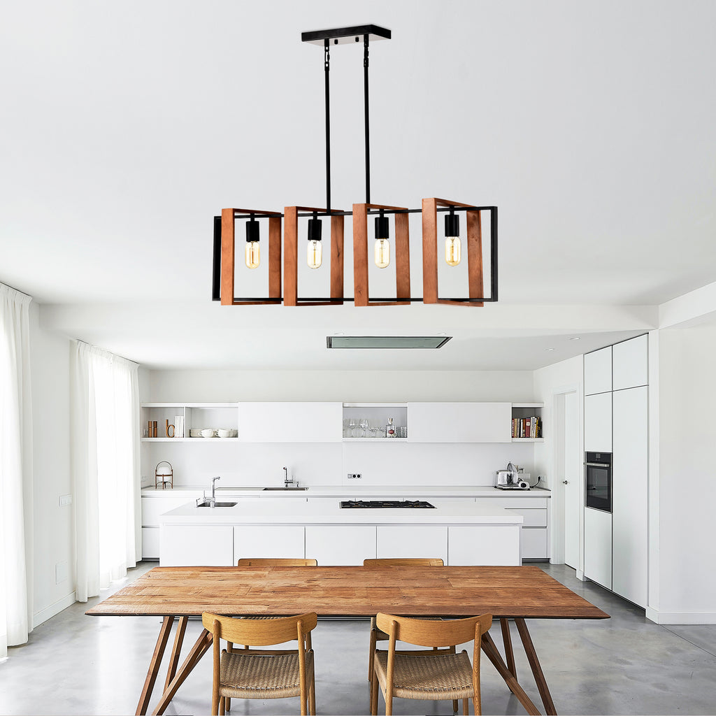 Rustic Wood And Black Metal Rectangular Chandelier